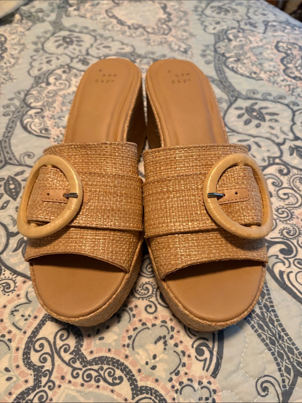 a new day Tan Woven Slide Mules with Round Buckle